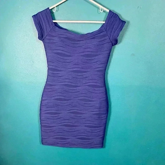 LemonDrop Royal Blue Fitted Bodycon Off Shoulder Mini Dress - Picture 3 of 5